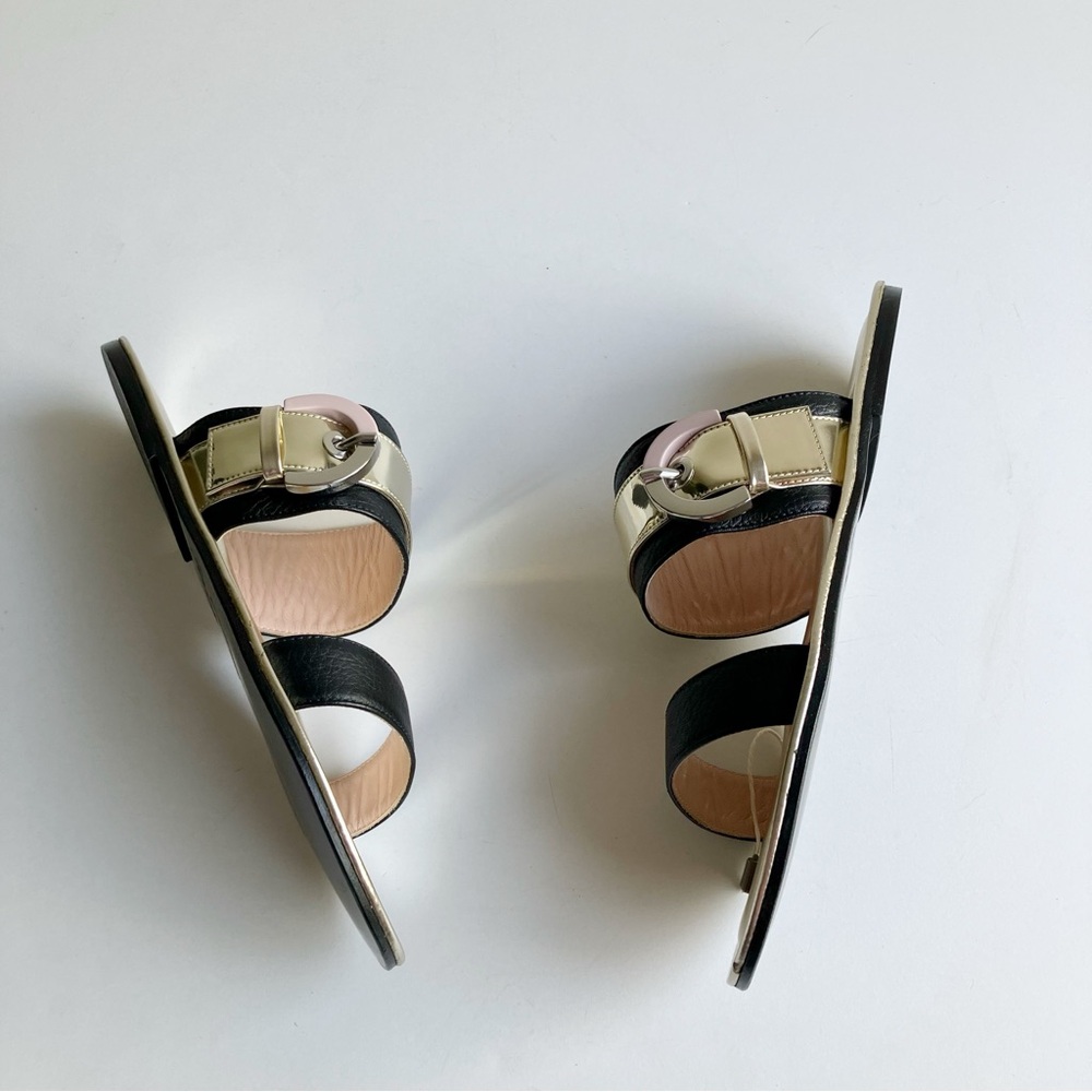 Pollini Leather Strappy Sandals Size 38 Gold Buckle Black Slides Open Toe Resort - Picture 14 of 14